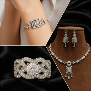 BLING SHINE SILVER PLATED CZ STUDDED NECKLACE SET + BRACELETS, RING COMBO ( NAD-002 )