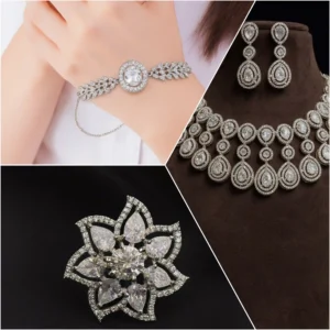 BLING SHINE SILVER PLATED CZ STUDDED NECKLACE SET + BRACELETS, RING COMBO ( NAD-005 )