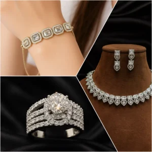 BLING SHINE SILVER PLATED CZ STUDDED NECKLACE SET + BRACELETS, RING COMBO ( NAD-007 )