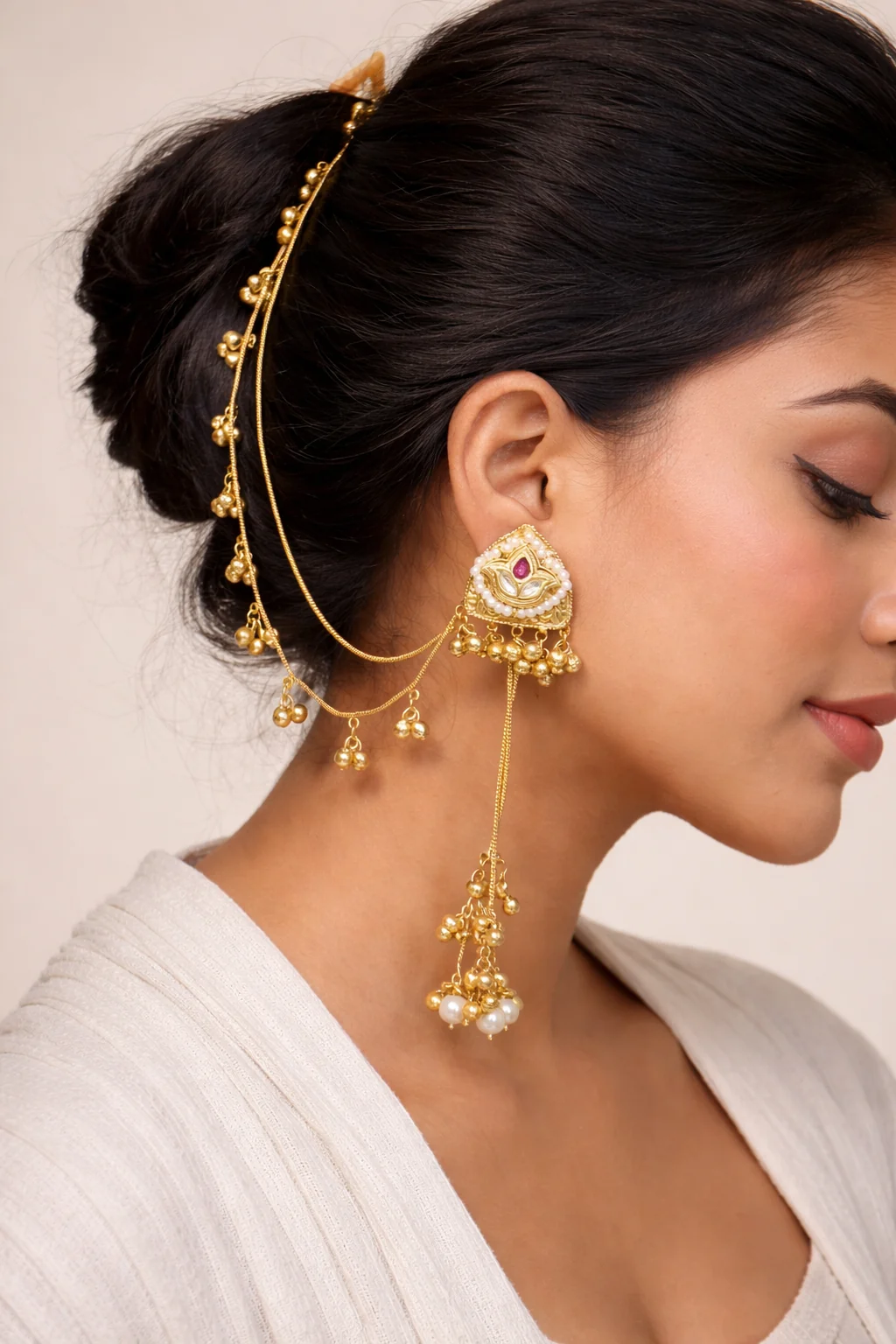 EAGLE JEWELLERS - LATEST KASHMIRI LONG EARRINGS IN GOLDEN COLOR WITH KANCHAIN ER-KASHMIRI-003