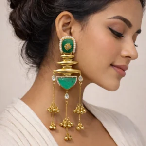 EAGLE JEWELLERS - LATEST KASHMIRI LONG EARRINGS IN GOLDEN COLOR WITH MINT GREEN STONES ER-KASHMIRI-002